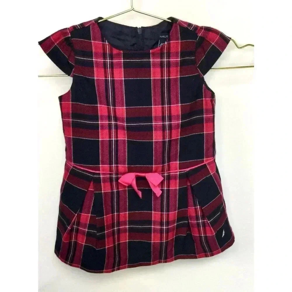 Nautica Baby Pink Black Plaid Cap Sleeve Pleated Lined Bow Sheath Dress Size 18M